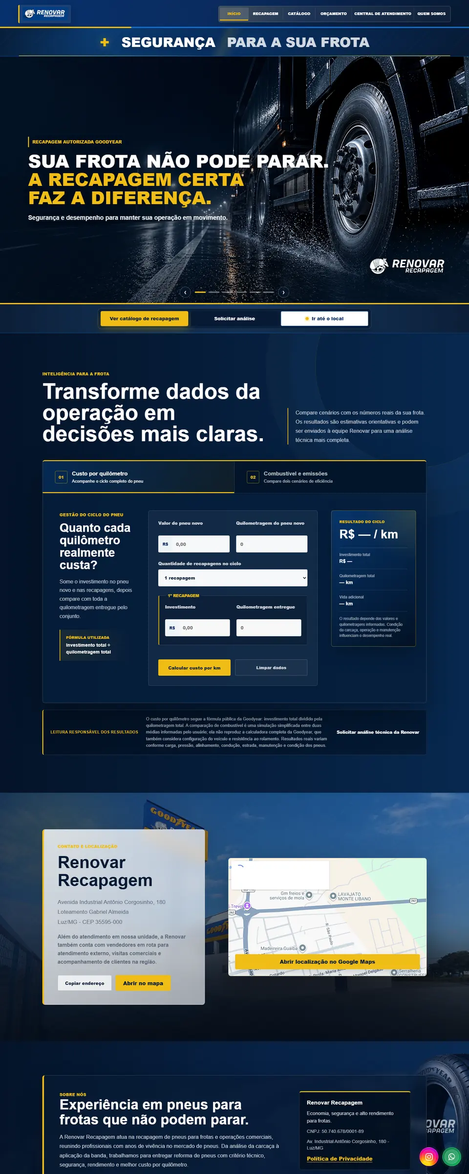 Preview com rolagem do site desenvolvido para a Renovar Recapagem